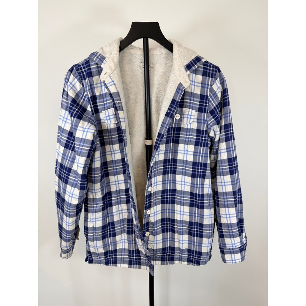 LL Bean Fleece Lined Flannel Shirt Jacket Blue White Plaid Hooded XS 296823